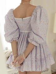 Floral Print Ball Gown Dress Square Collar Puff Sleeve Retro