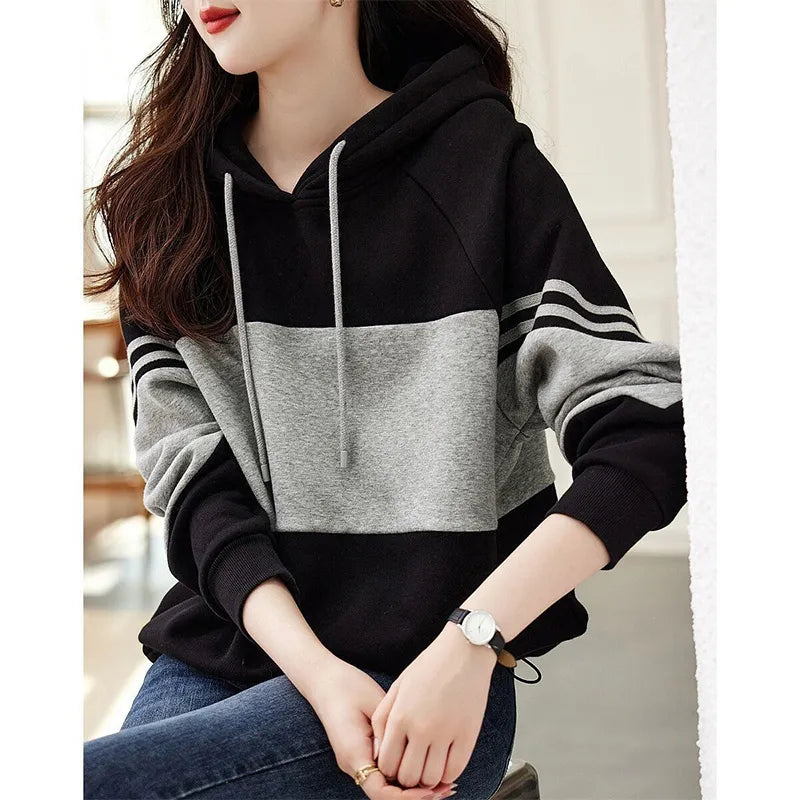 Loose Casual Patchwork Hoodies Ladies Simple Fashion All-match