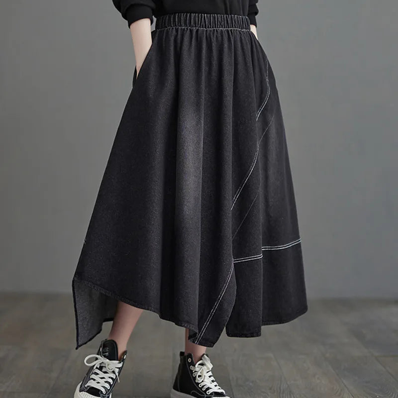 Denim Elastic Waisted Irregular Jeans Skirt Ankle-length A-line Vintage