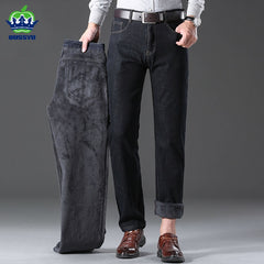 Warm Fleece Men's Jeans Thick Stretch Denim Jean Straight Trousers