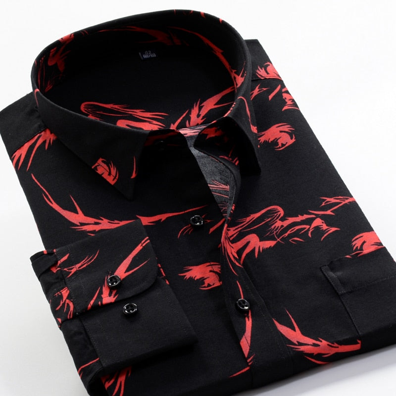 Large Size Flower Print Men's Fashion Casual Long Sleeve Shirt