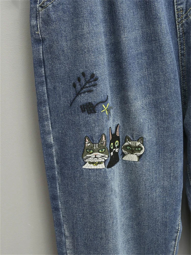 Fashion Style Cartoon Embroidery Baggy Elastic Waist High Waist