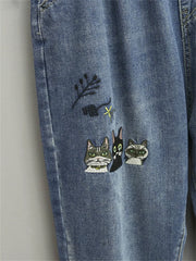 Fashion Style Cartoon Embroidery Baggy Elastic Waist High Waist