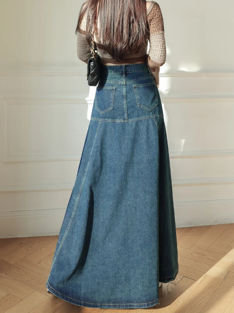 Maxi Long Skirts Women Vintage High Waist Jean Skirt