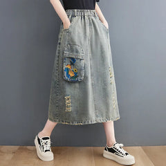 Denim Embroidery Floral Vintage High Waist Skirts