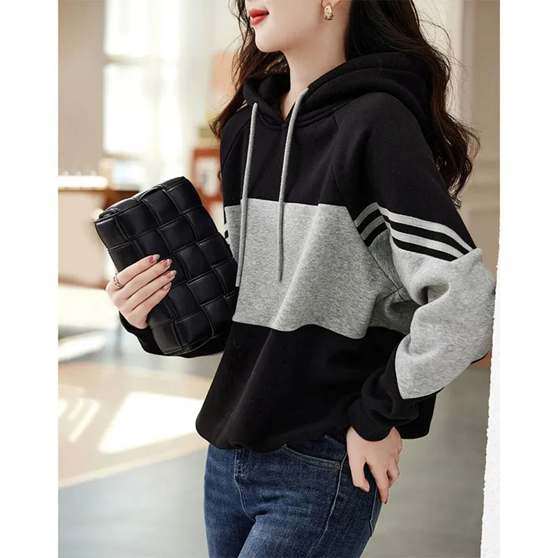 Loose Casual Patchwork Hoodies Ladies Simple Fashion All-match