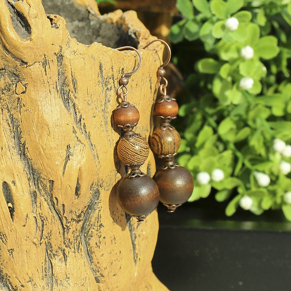 Bohemian Ethnic Brown Tassel Natural Wooden Hanging Earrings