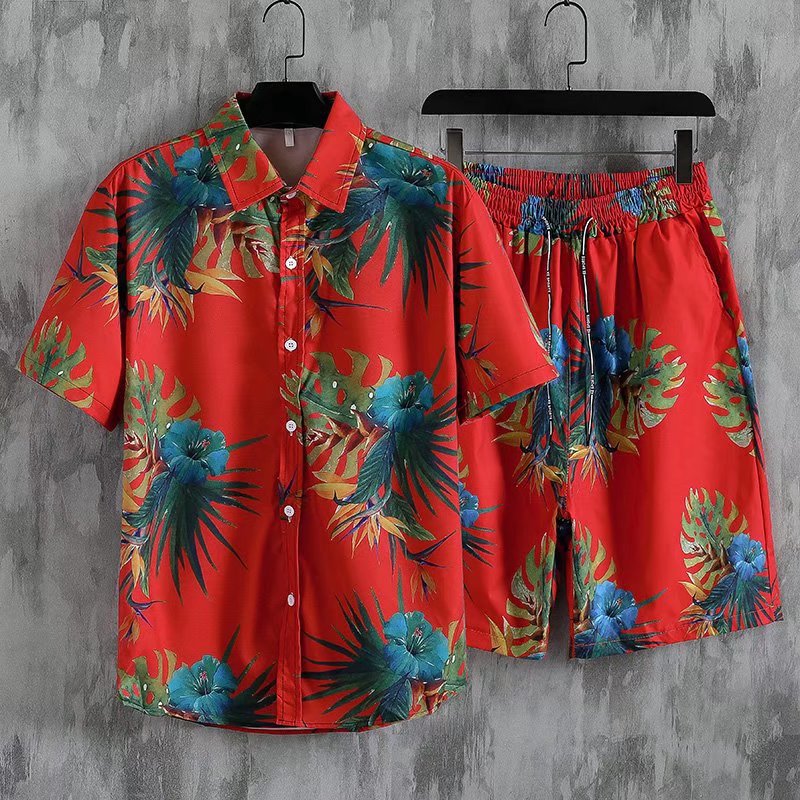 Men Sets Print Patchwork Lapel Short Sleeve Casual Shirt Beach