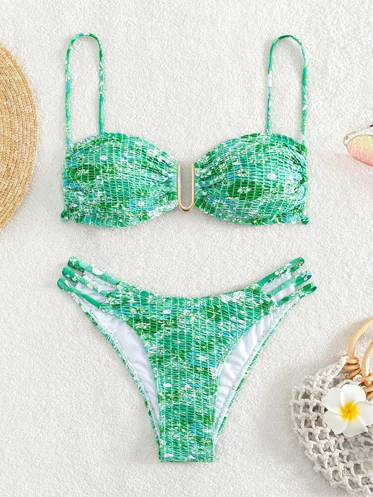 Floral Print Smocked Cut Out Bikinis Set