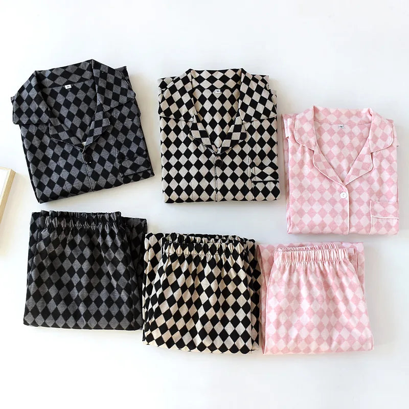 Couple Cotton Knitted Pajamas Set Plaid Home Wear Long Sleeve