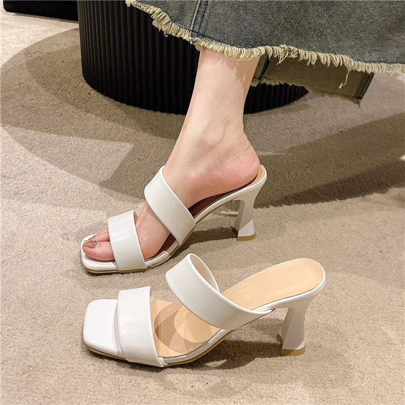 Thin Heels Slides  8cm Square Toe Straps Sandals