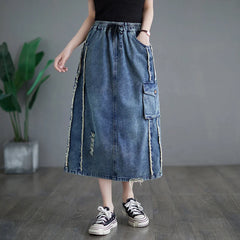 Ripped Side Striped Jeans Skirt Female High Waisted A-line