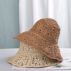 Women Straw crochet bucket Foldable hat