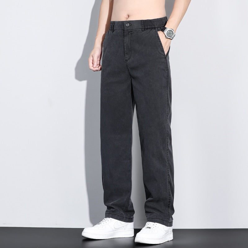 Jeans Men Blue Elastic Waist Loose Thin Denim Trousers