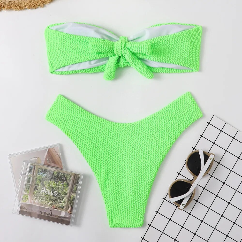 Wrinkled Special Fabric Bikini Candy Color Strapless Split Swimsuit