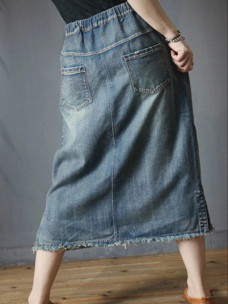 Design Female Clothes Vintage Loose Embroidery Denim Skirts