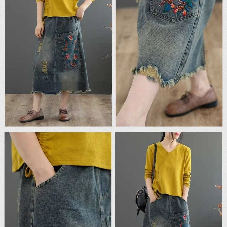 Embroidered Denim Skirt with Ripped Raw Edge A-line Mid-length