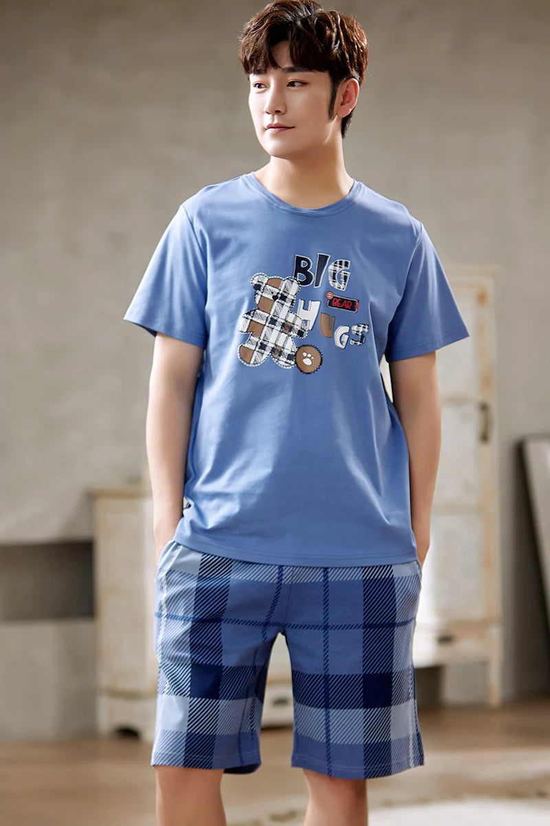 Mens Pajamas Casual Short Tops Lattice Short Pants