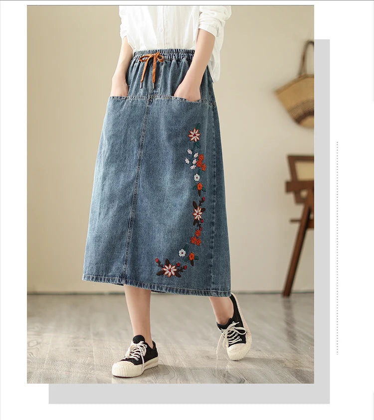 Denim Skirt Vintage Style High Waist A-line Long Y2K Streetwear