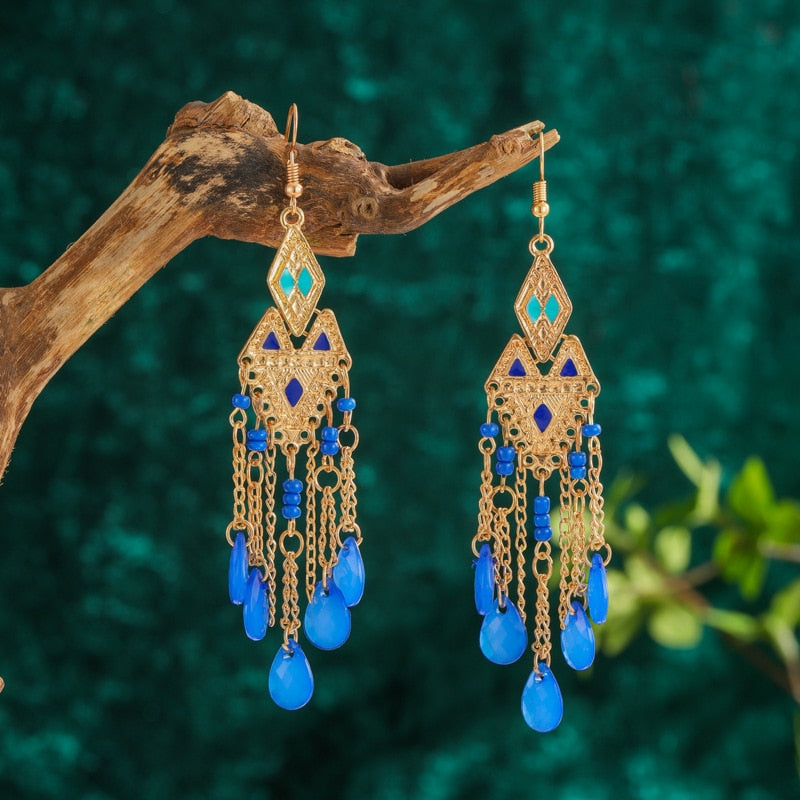 Bohemian Antique Gold Color Long Water Drop Tassel Earrings