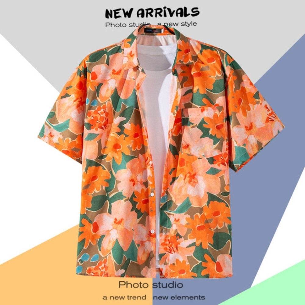 Hawaiian Men's Floral Shirt Summer Geometric Print Short Sleeved