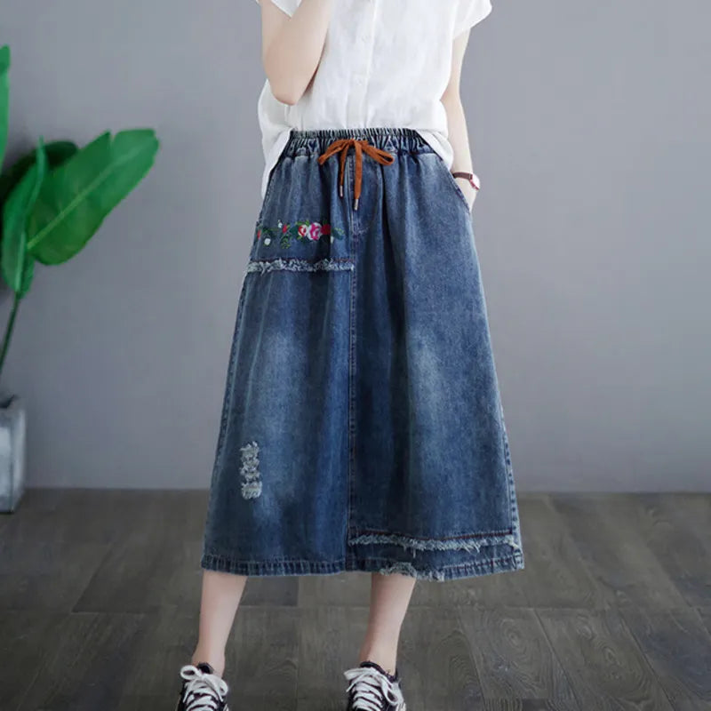 Denim Embroidery Floral Vintage A-line Skirt Pockets