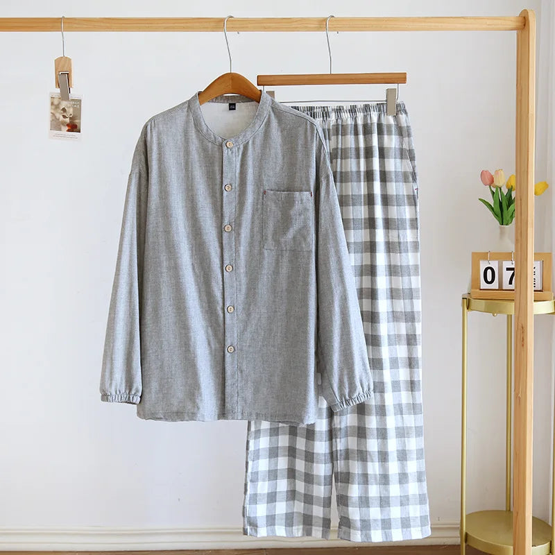 Men's Pajama Set Cotton Plaid Long Sleeve Pants Home Suit