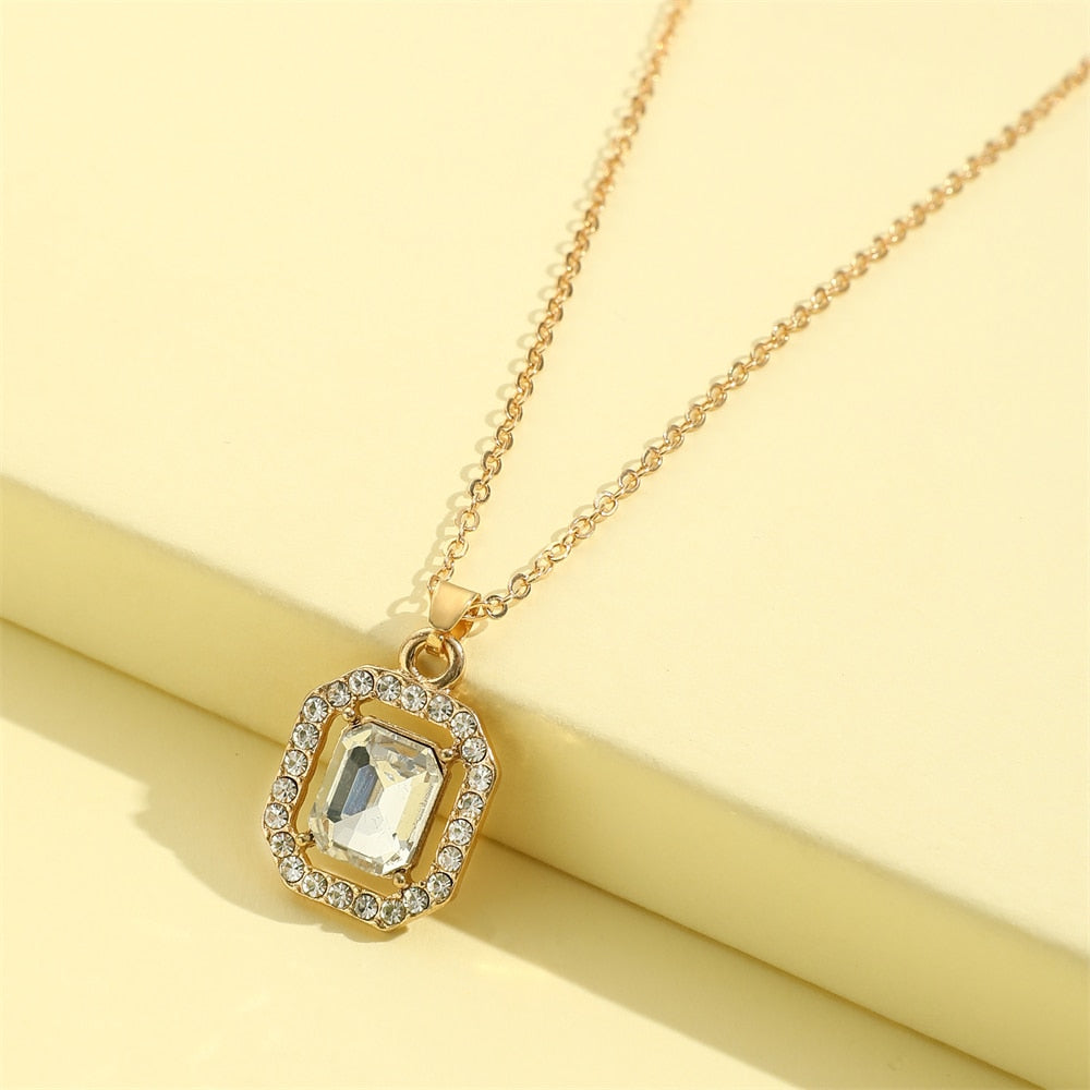 1Pc Simple Crystal Gold Color Chain Pendant Necklace