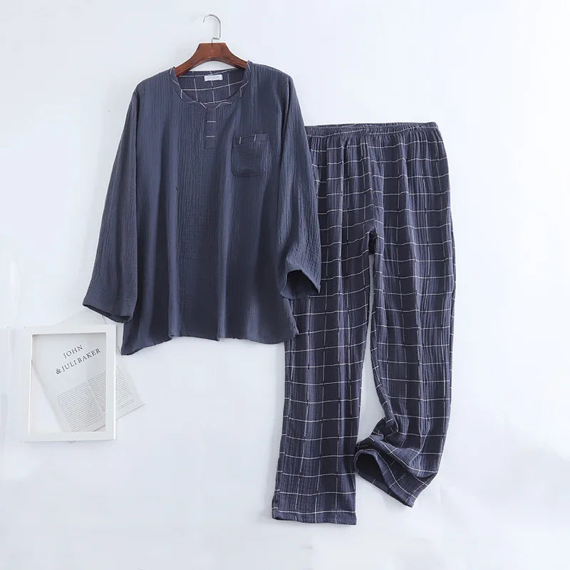 cotton crepe round neck plaid pajamas two-piece long-sleeved trousers