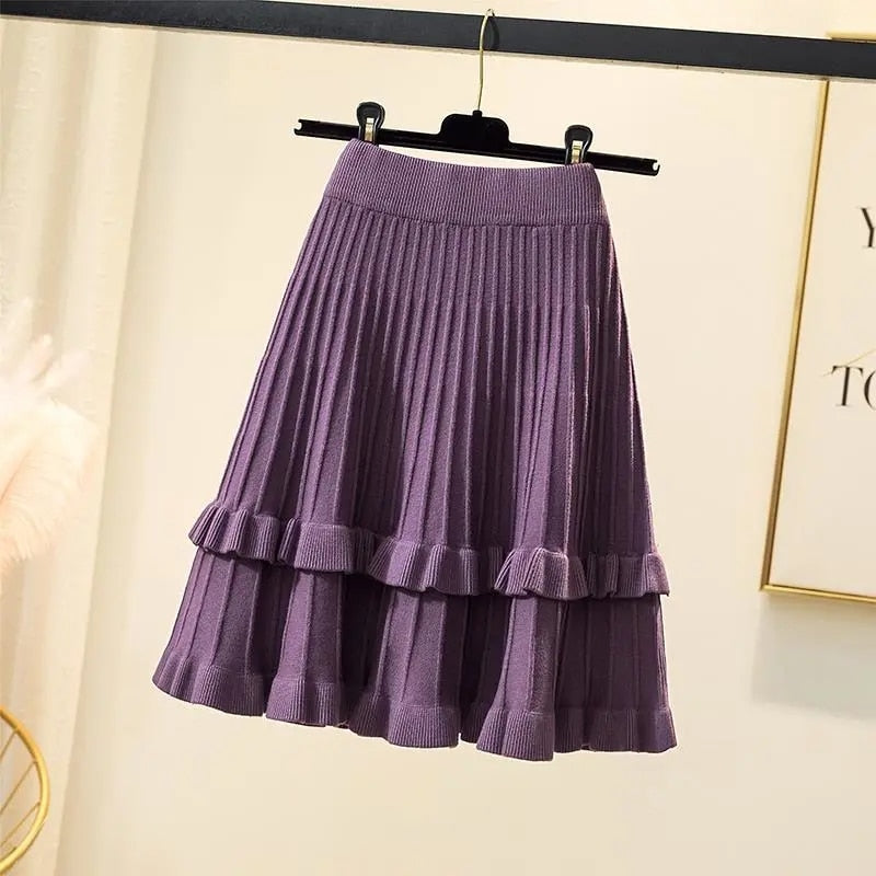 Knitted High Waist Pleated Skirt A-line Skirts Ruffled