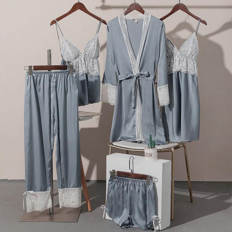 5PCS Pajamas Set Satin Lace Women Nightwear Sleep Suit