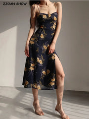 Retro French Style Navy Flower Print Adjust Spaghetti Strap Dress