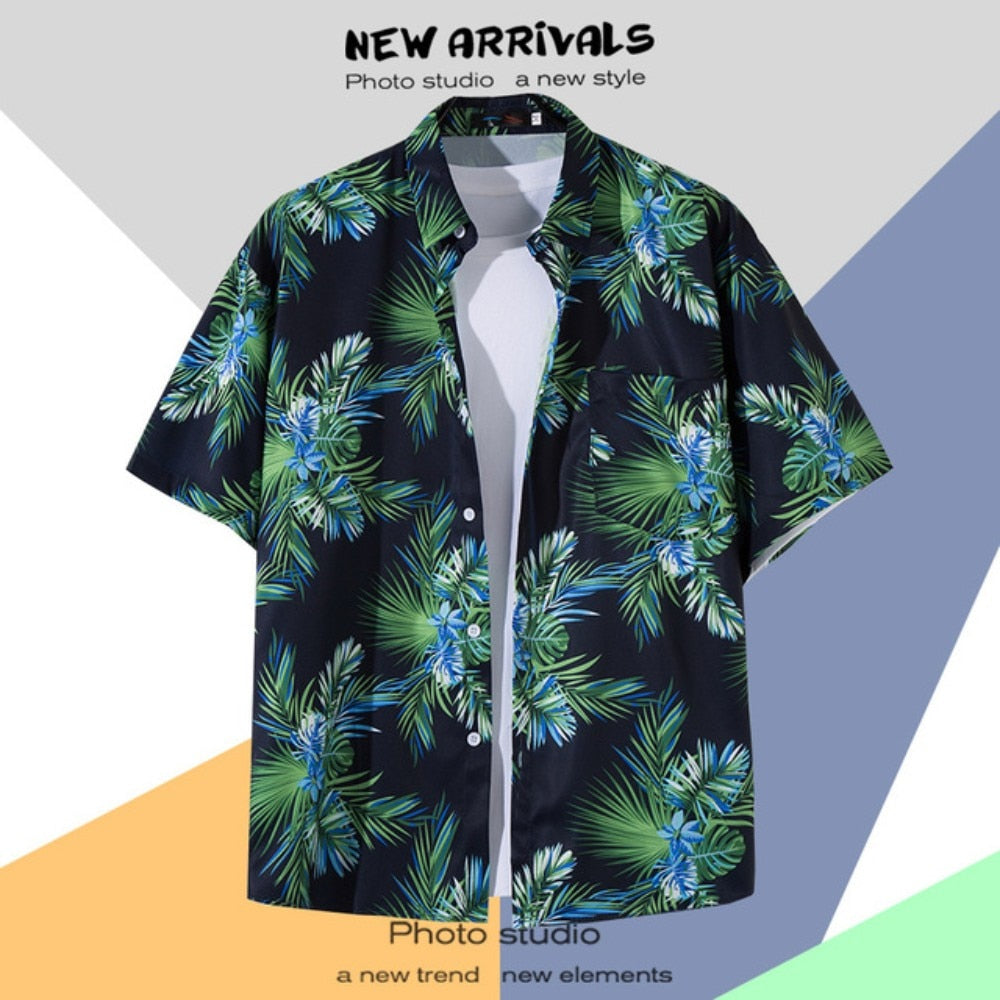 Hawaiian Men's Floral Shirt Summer Geometric Print Short Sleeved