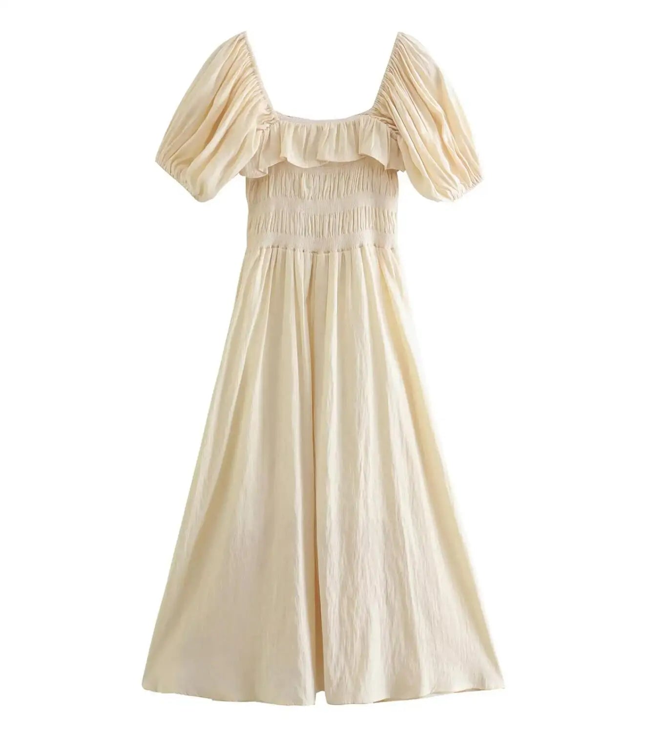 Retro style Beige Spliced Ruffle Square Collar Maxi Long Swing Dress