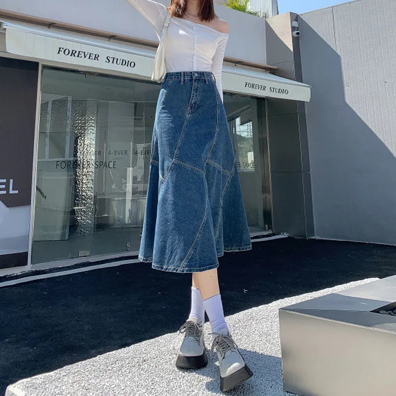 Vintage Women Denim Trumpet Skirt Streetwear Casual Irregular P