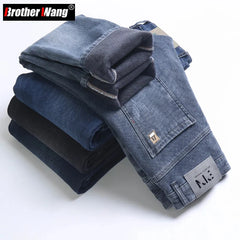 Men's Fleece Jeans Embroidery Fashion Straight Slim Casual