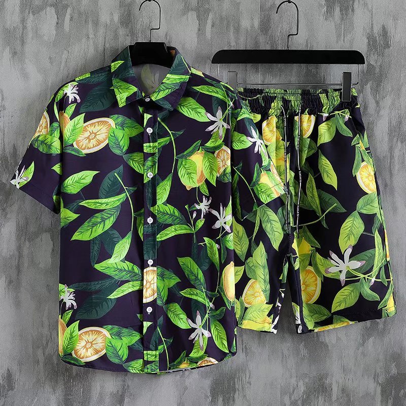 Men Sets Print Patchwork Lapel Short Sleeve Casual Shirt Beach