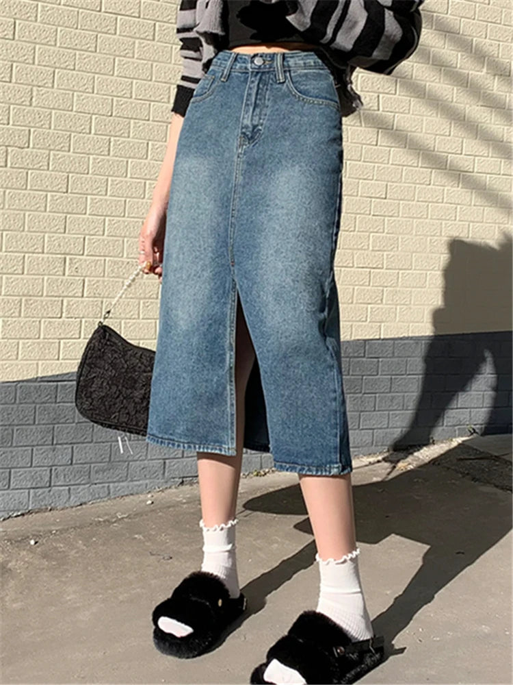 Front Split Women's Long Denim Skirt Vintage High Waist Jeans