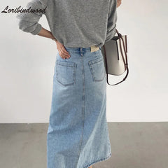 Chic Stretched Denim Mid-length Skirts Casual High Waist