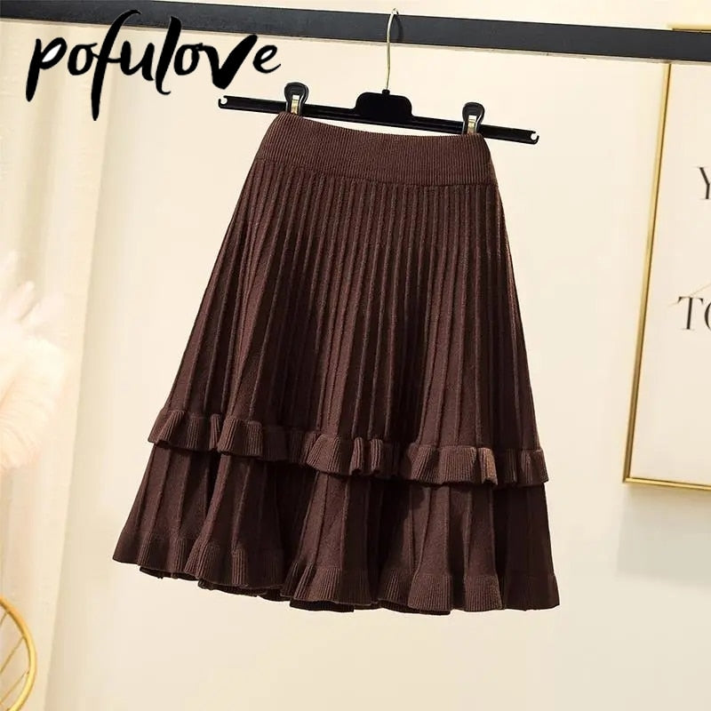 Knitted High Waist Pleated Skirt A-line Skirts Ruffled