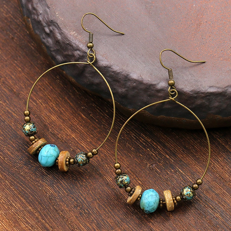 Vintage Bohemian Big Circle Earrings Ethnic Wood Bead