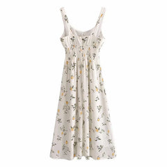 Retro Style V neck Flower Print Midi Sling Dress