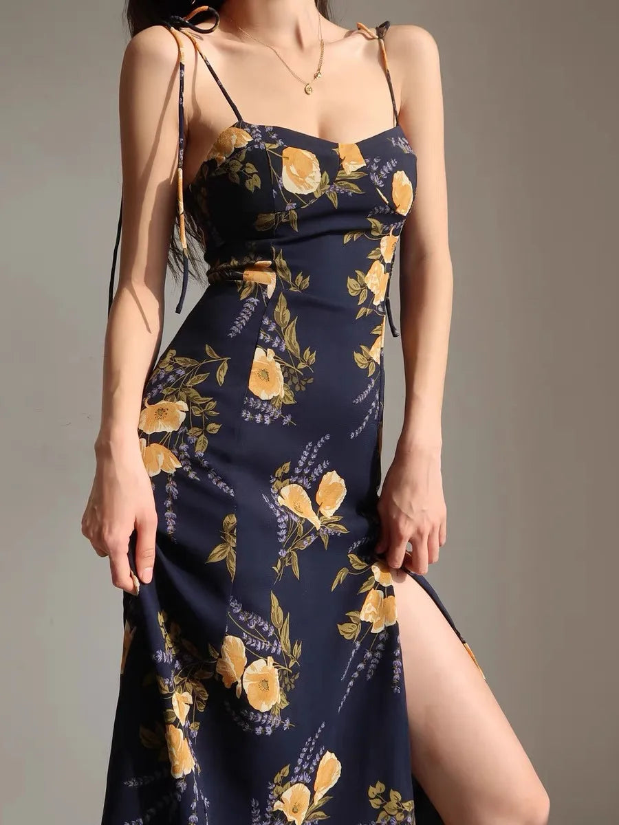 Retro French Style Navy Flower Print Adjust Spaghetti Strap Dress