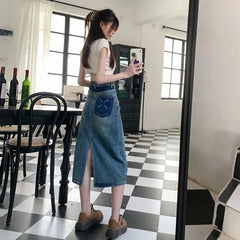 Fashion Y2K Denim Skirt Vintage Patchwork Split Slim A-line