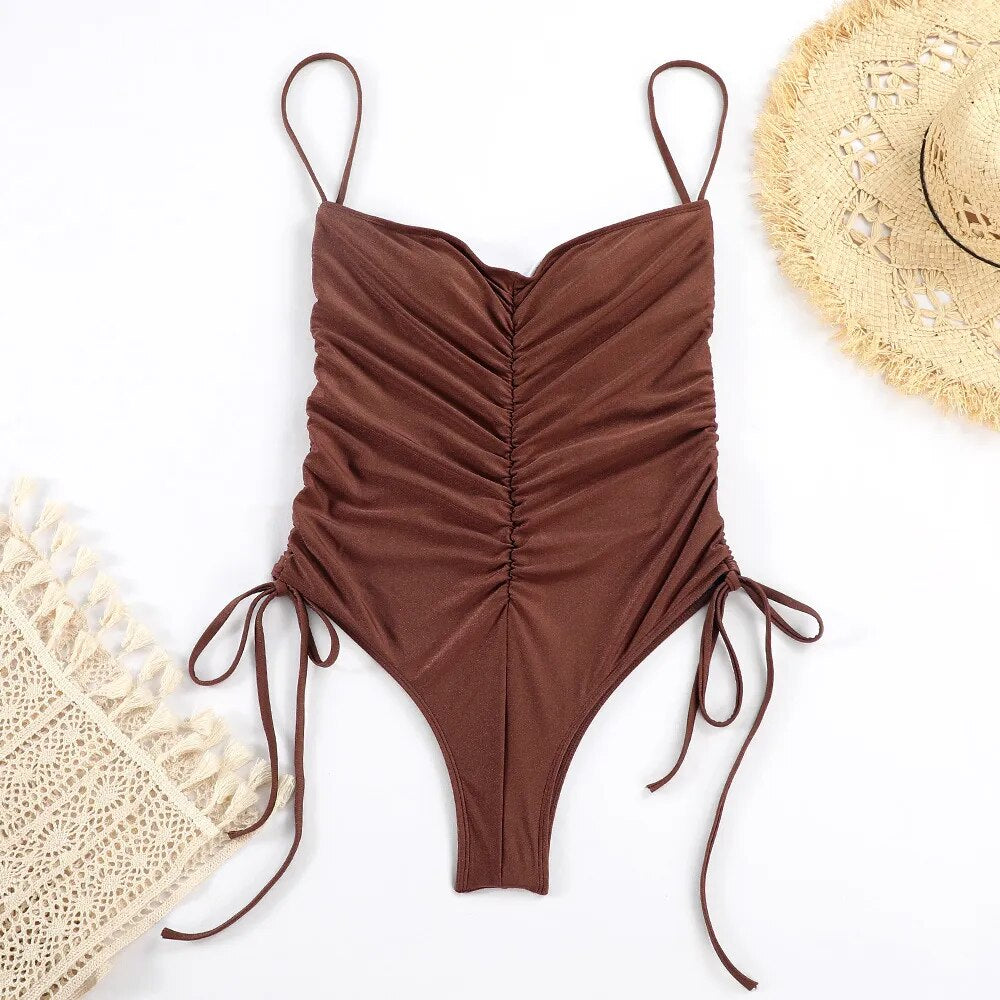 Fashion Drawstring One-Piece Swimsuit Solid Pleated