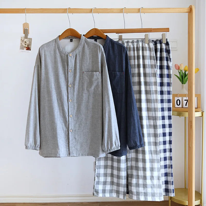 Men's Pajama Set Cotton Plaid Long Sleeve Pants Home Suit