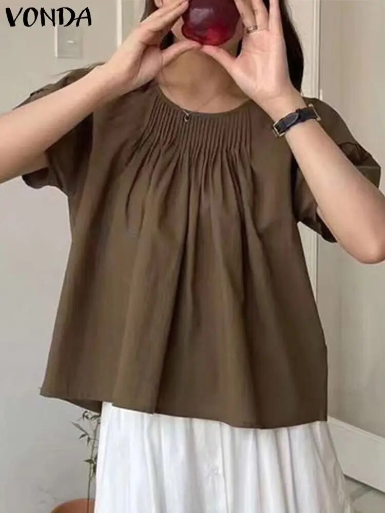 Fashion Blouse Round Neck Short Sleeve Pleated