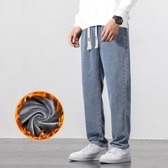 Streetwear Baggy Fleece Jeans Men Cotton Fashion Loose Straight