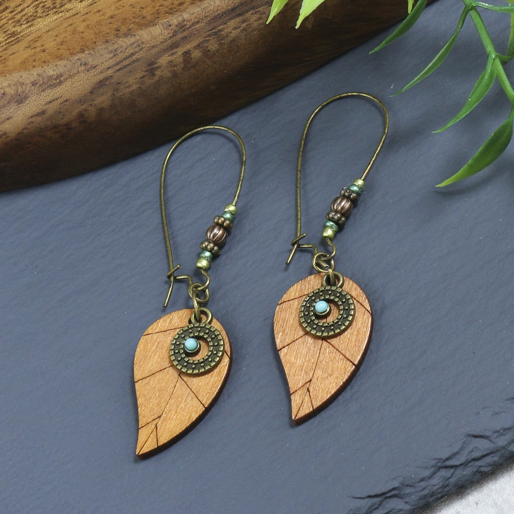 Bohemian Ethnic Brown Tassel Natural Wooden Hanging Earrings