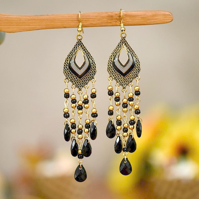 Bohemian Antique Gold Color Long Water Drop Tassel Earrings